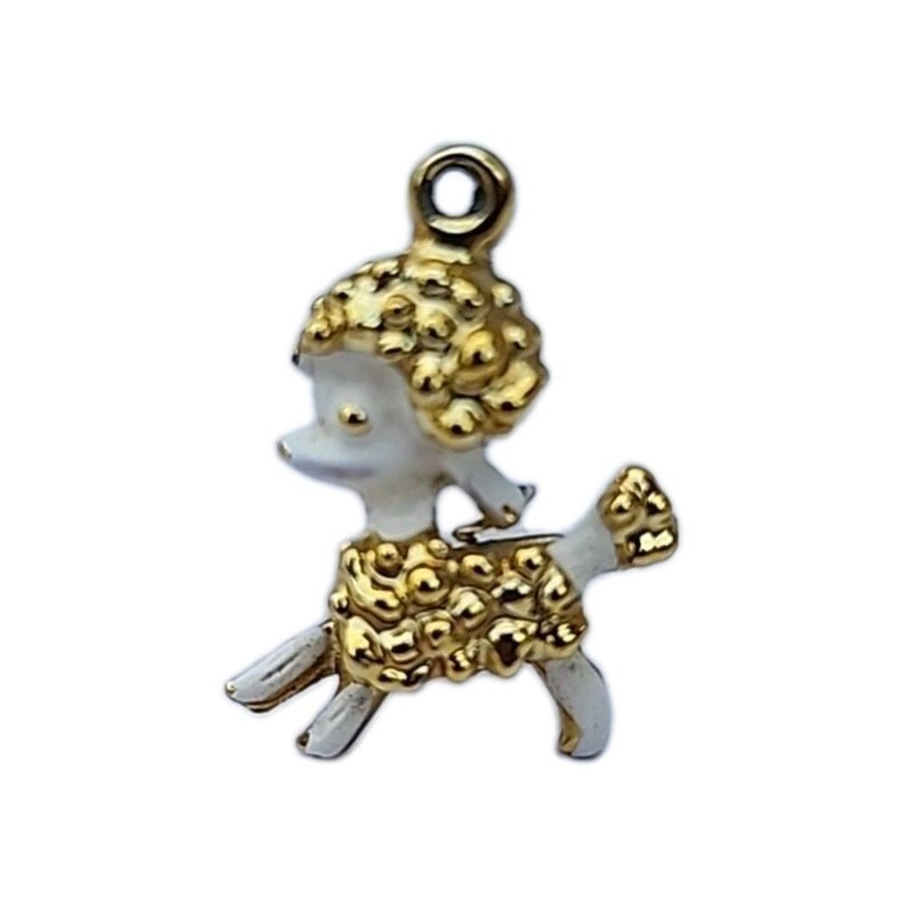 VTG Lisa Miniature French Poodle Puppy Goldtone White Enameled Charm Pendant